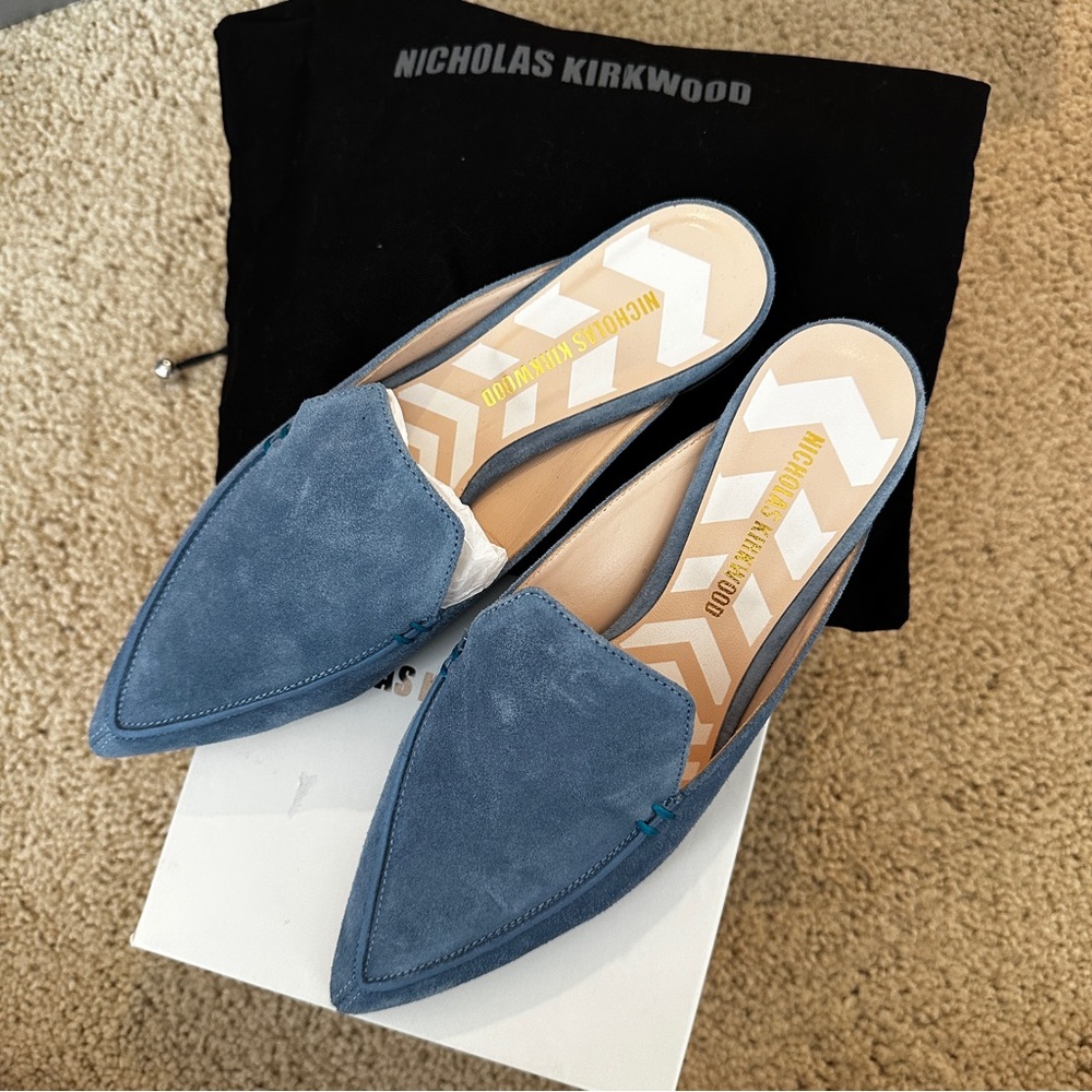 Nicholas Kirkwood Suede Beya Flat Mule Bluebird